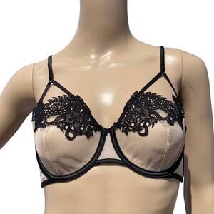 New Victoria's Secret Pink Black Mesh Double Dragon Lace Balconette Bra Size 32D
